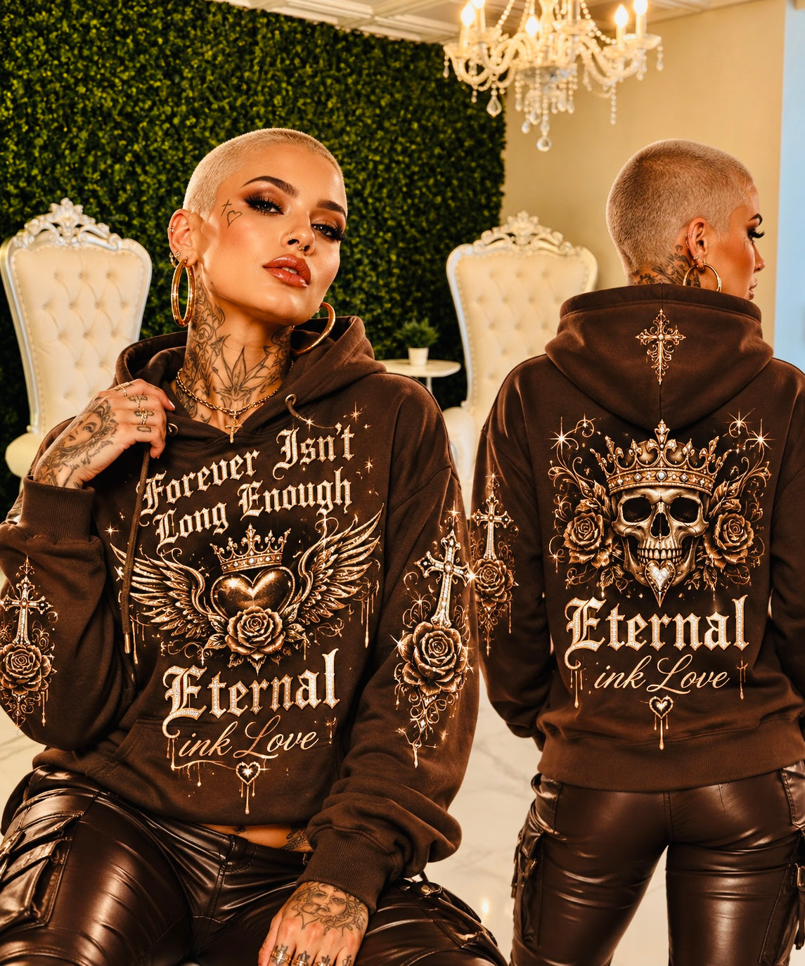 Models wearing the Crystal Hoodie, front and back views