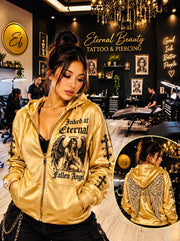 Model wearing the gold Satin Hoodie