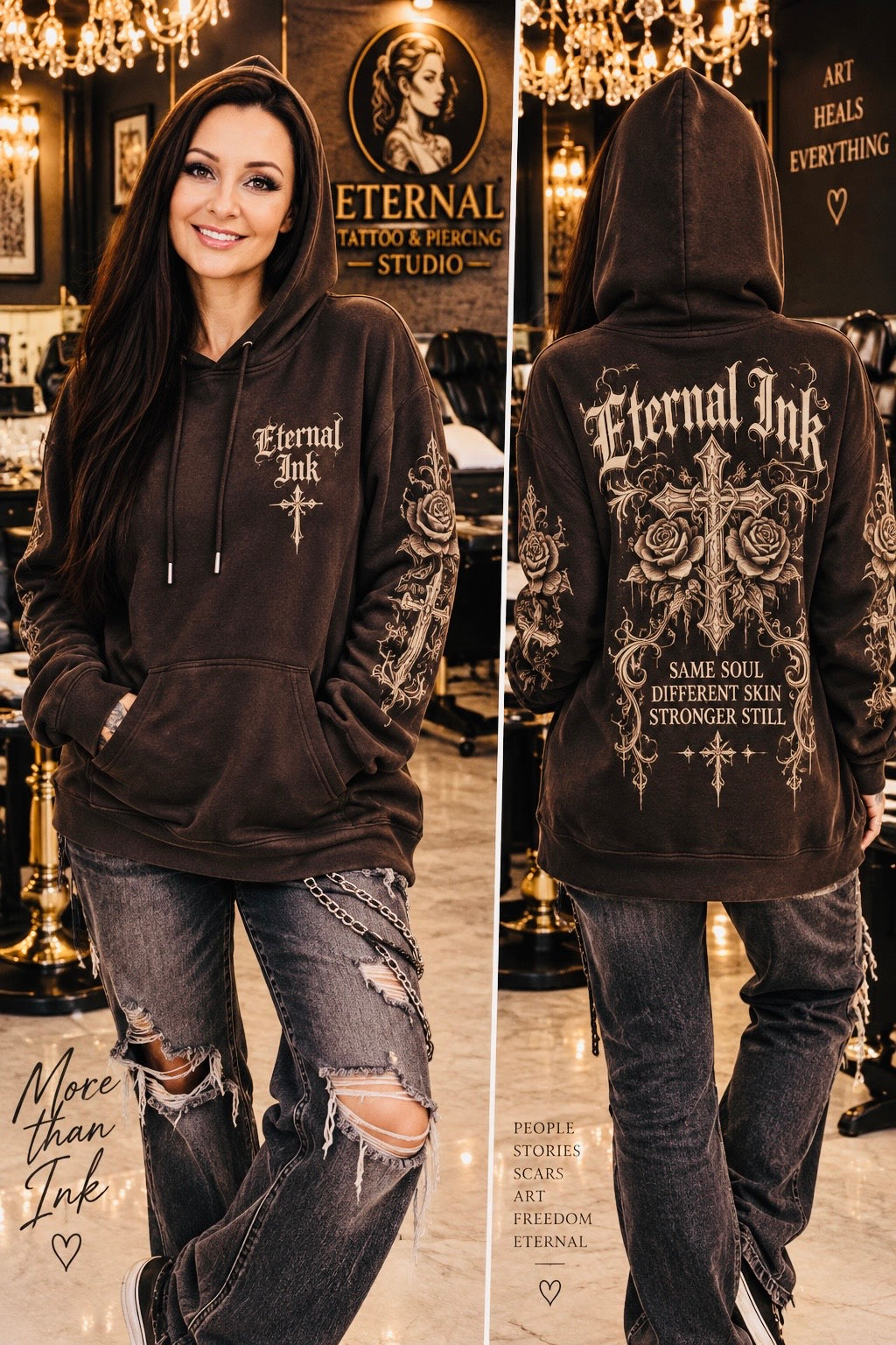 Extra Long Hoodie shown front and back with jeans
