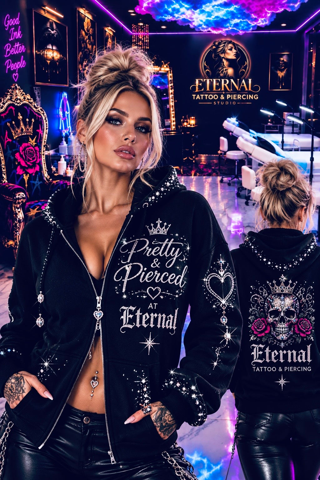 Satin Hoodie in black, front and back views